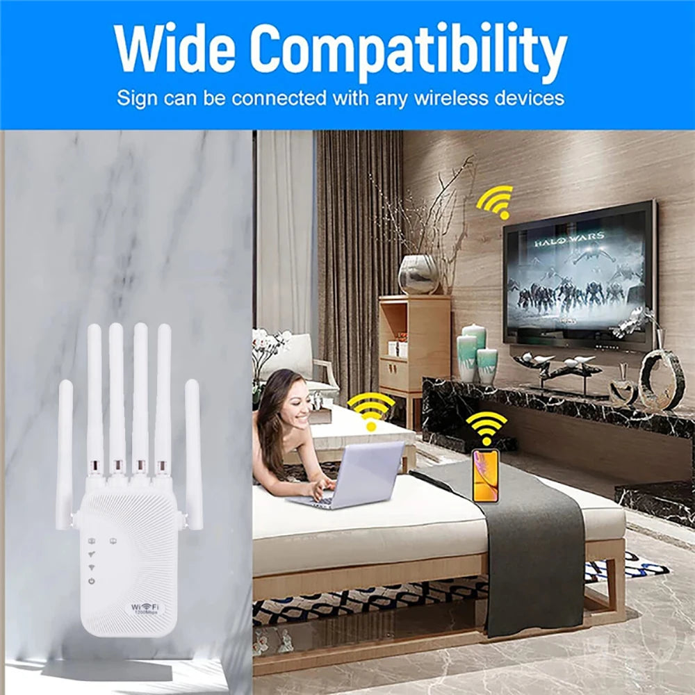 Kebidumei 1200Mbps WiFi Repeater 2.4G 5G Amplifier Home Office Network Range Extender WiFi Signal Booster Wireless Wi-Fi Router