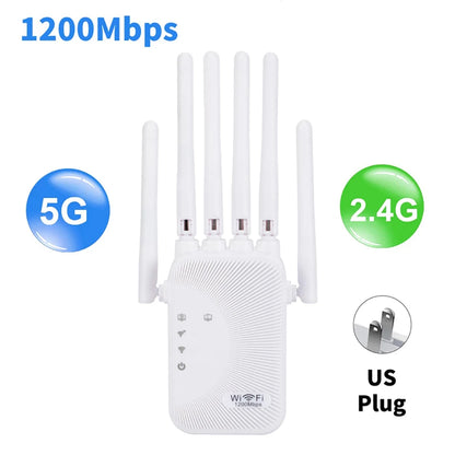 Kebidumei 1200Mbps WiFi Repeater 2.4G 5G Amplifier Home Office Network Range Extender WiFi Signal Booster Wireless Wi-Fi Router