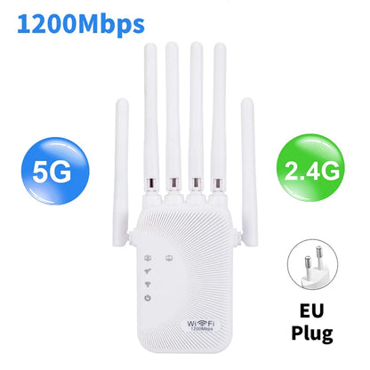 Kebidumei 1200Mbps WiFi Repeater 2.4G 5G Amplifier Home Office Network Range Extender WiFi Signal Booster Wireless Wi-Fi Router