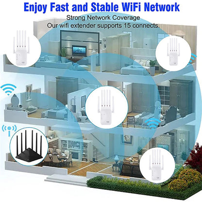 Kebidumei 1200Mbps WiFi Repeater 2.4G 5G Amplifier Home Office Network Range Extender WiFi Signal Booster Wireless Wi-Fi Router
