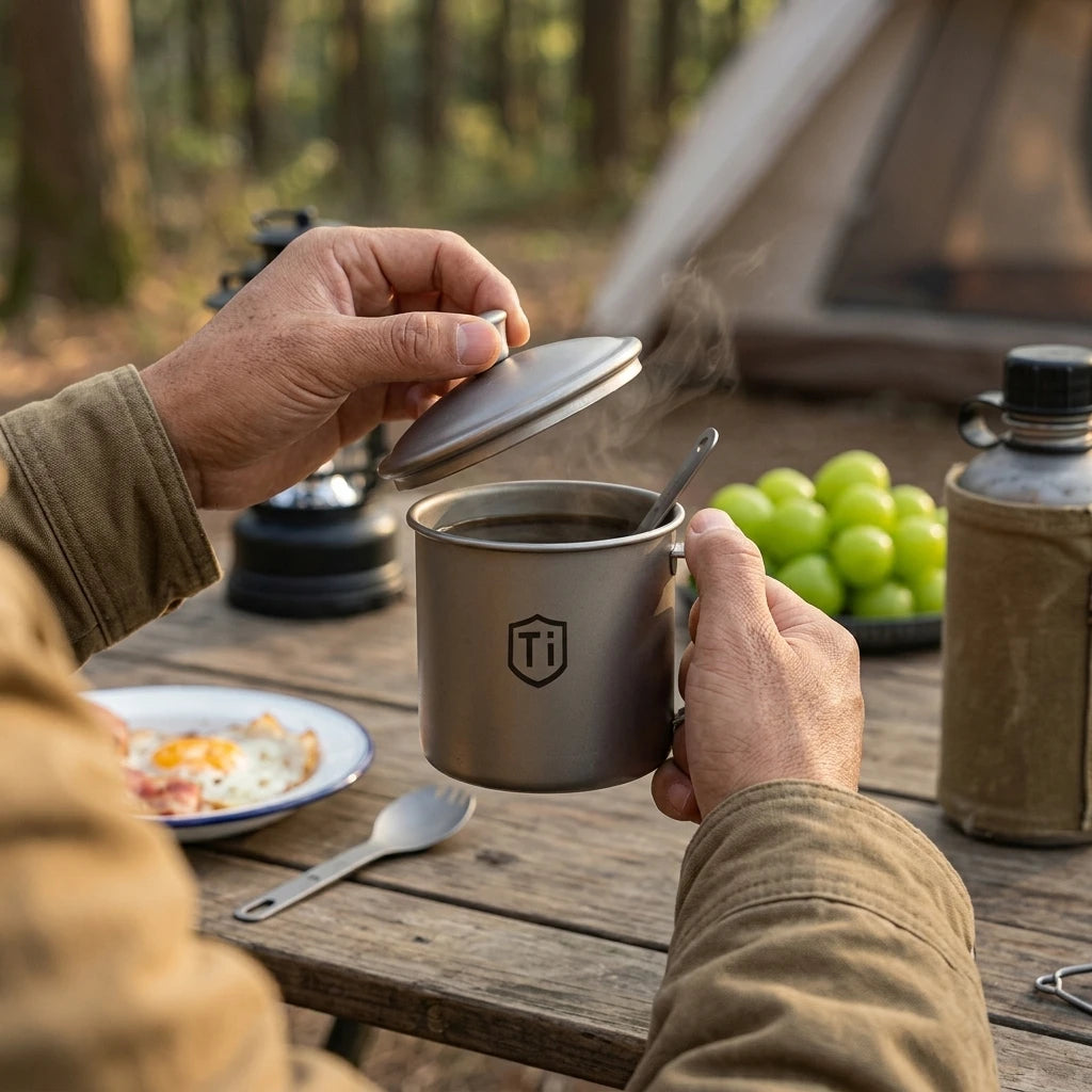 1pc Titanium Cup Titanium Water Mugs Camping Cups Ultralight Travel Mug With Folding Handle Titanium Lid Drinkware Outdoor Use