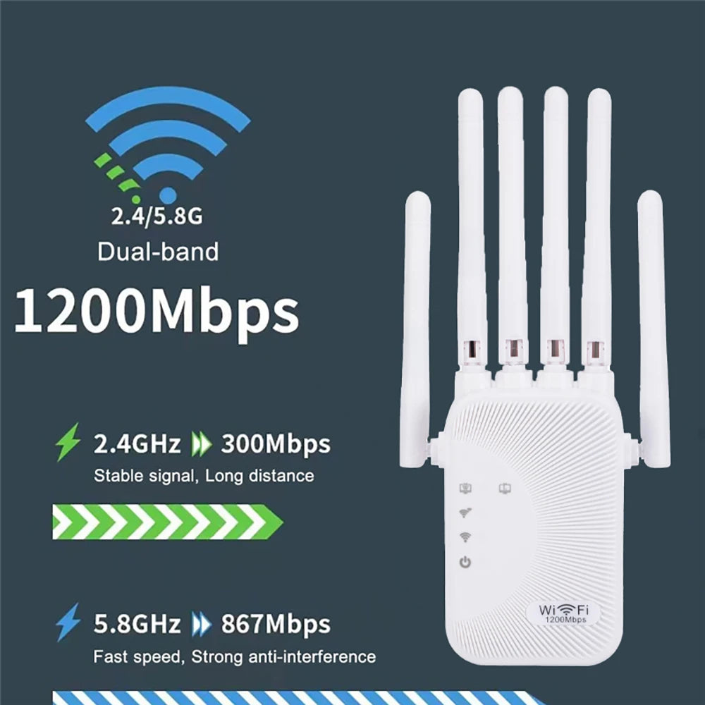 Kebidumei 1200Mbps WiFi Repeater 2.4G 5G Amplifier Home Office Network Range Extender WiFi Signal Booster Wireless Wi-Fi Router